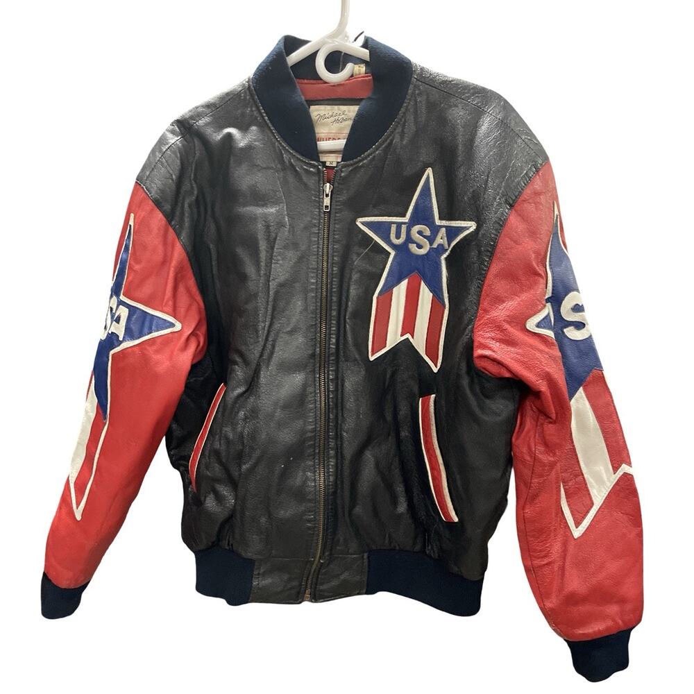 Vintage Michael Hoban Where Am I USA Black Leather Motorcycle Jacket Medium